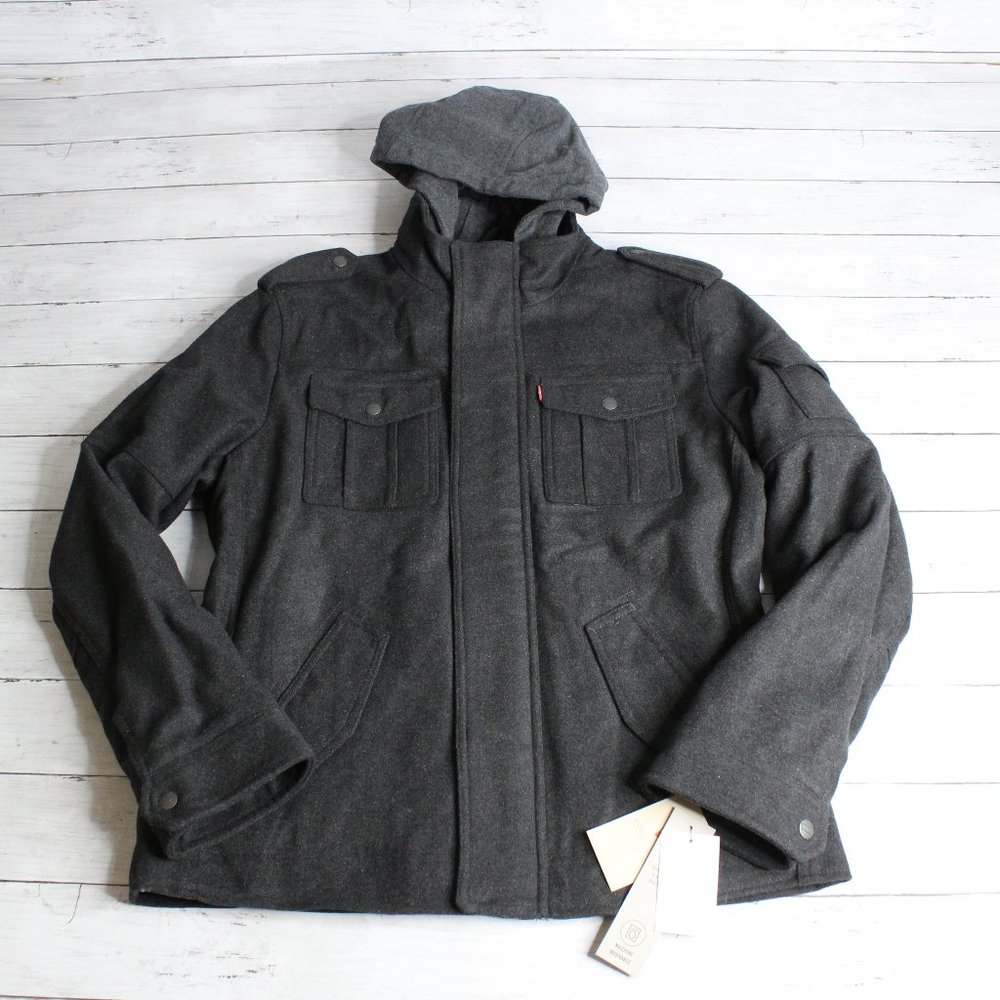 Levi's Men's Wool Military Jacket Size M Charcoal Gray Hooded Quilted